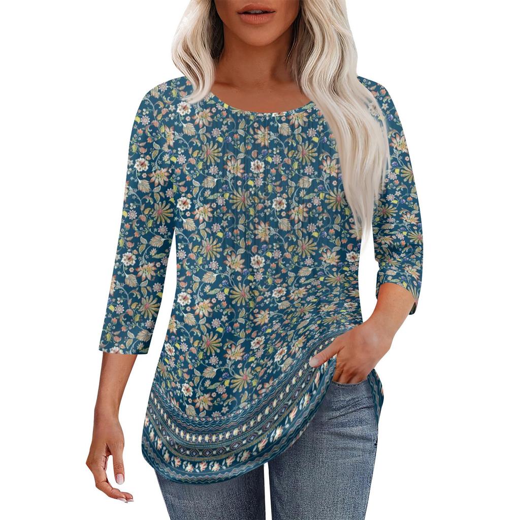 Women's Fashionable Casual Pleated Round Neck Casual Floral Print Seven Quarter Sleeved T-shirt Top