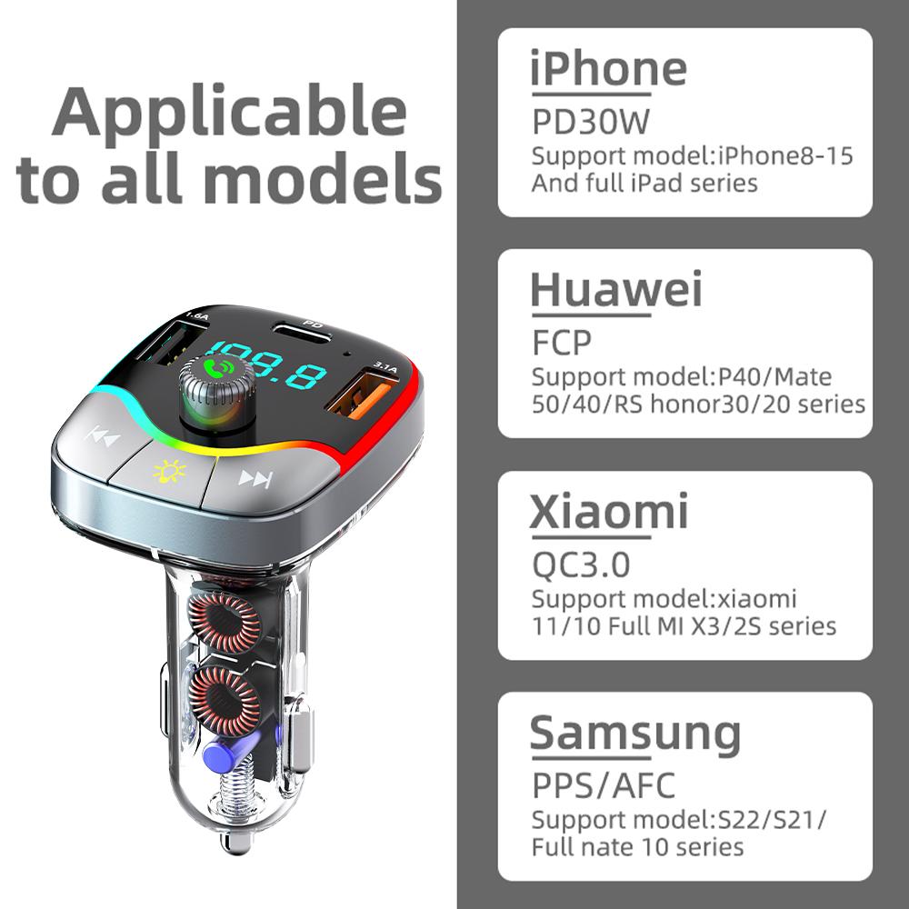 Bluetooth 5.3 FM Transmitter 3 Port Car Charge Handsfree Car Radio Modulator PD+3.1A Double USB Phone Charger Quick Charging