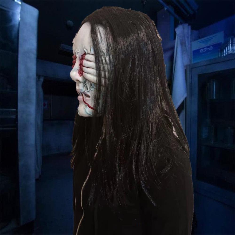 Страшная маска на Хэллоуин, маска на все лицо, жуткая маска призрака с повязкой на глаза, реалистичная креативная маска демона с длинными волосами