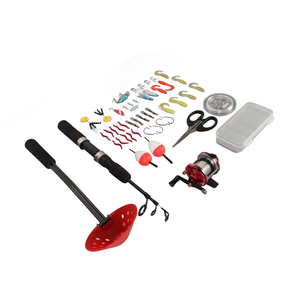 Комплект снастей для подледной рыбалки, 3 секции, 26,4-дюймовое удилище, катушка, крючки, приманки, леска, вращающиеся поплавки-ножницы с местом для хранения