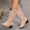 Retro Cowboy Boots for Women Anti-Slip Mid Calf Cowgirl Boots Embroidered Western Pointed Toe Chunky Block Heel Wide Calf Pull On Boots for Female
