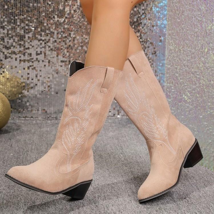 Retro Cowboy Boots for Women Anti-Slip Mid Calf Cowgirl Boots Embroidered Western Pointed Toe Chunky Block Heel Wide Calf Pull On Boots for Female