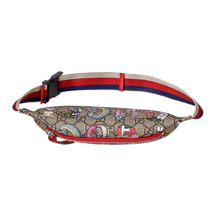 Gucci X Yuko Higuchi Collaboration Cat Print Logo Stripe Canvas And Leather Waist Bag Kids bags Ebony Red 502095-H0AAN-9787