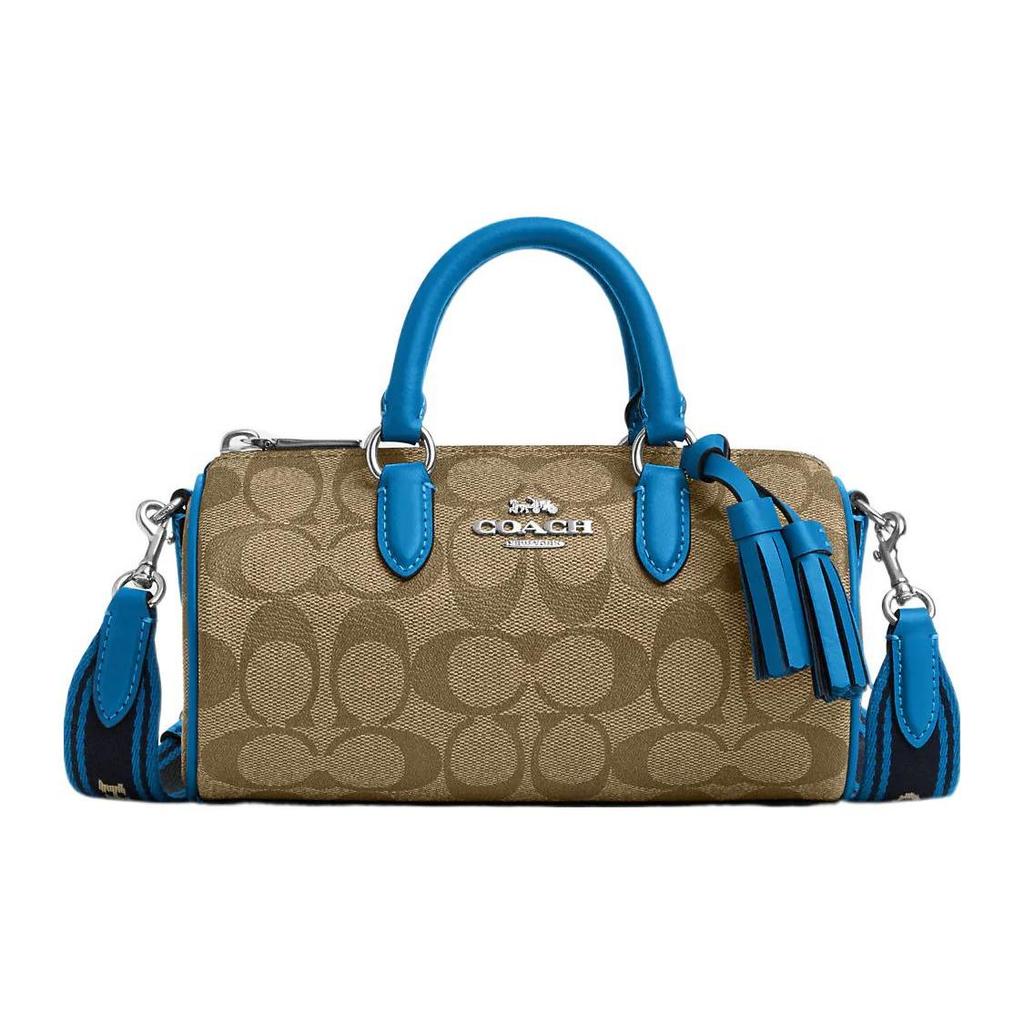 Coach Кружевная Пластина с Логотипом из 19 Букв Классический Принт Бахрома Холст и Кожа Сумка Бостон Женская Сумка на Плечо Темно-Коричневый Синий CB874-SVVRF