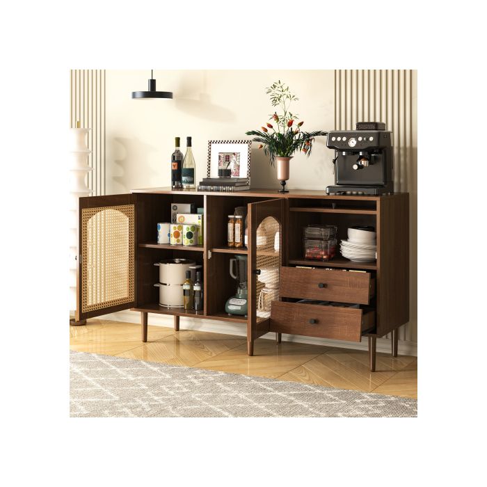 Buffet - MUVOE - 130 x 75,5 x 40 cm - Portes en rotin - Fermeture magnétique - Étagère réglable