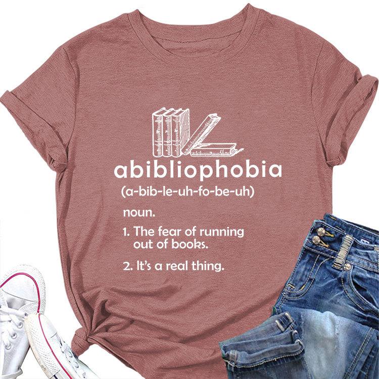 Summer new round neck casual Tshirt abibliophobia book print loose short sleeve top Womens allmatch fashion pullover