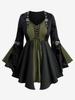 Rosegal Plus Size Floral Flocking Split Flare Sleeves Lace Up PU Strap Grommet Buckle Patchwork Top