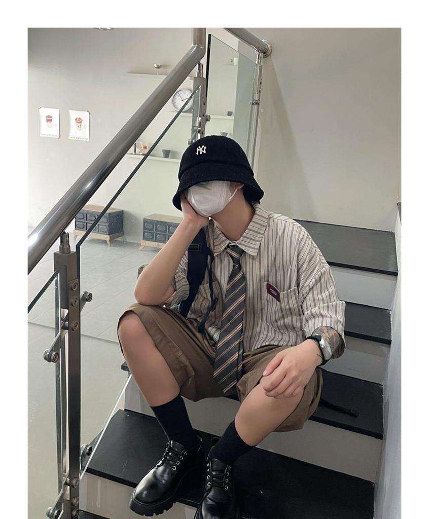 2023 Лето унисекс японский ретро полосатый лацкан короткий рукав модная рубашка