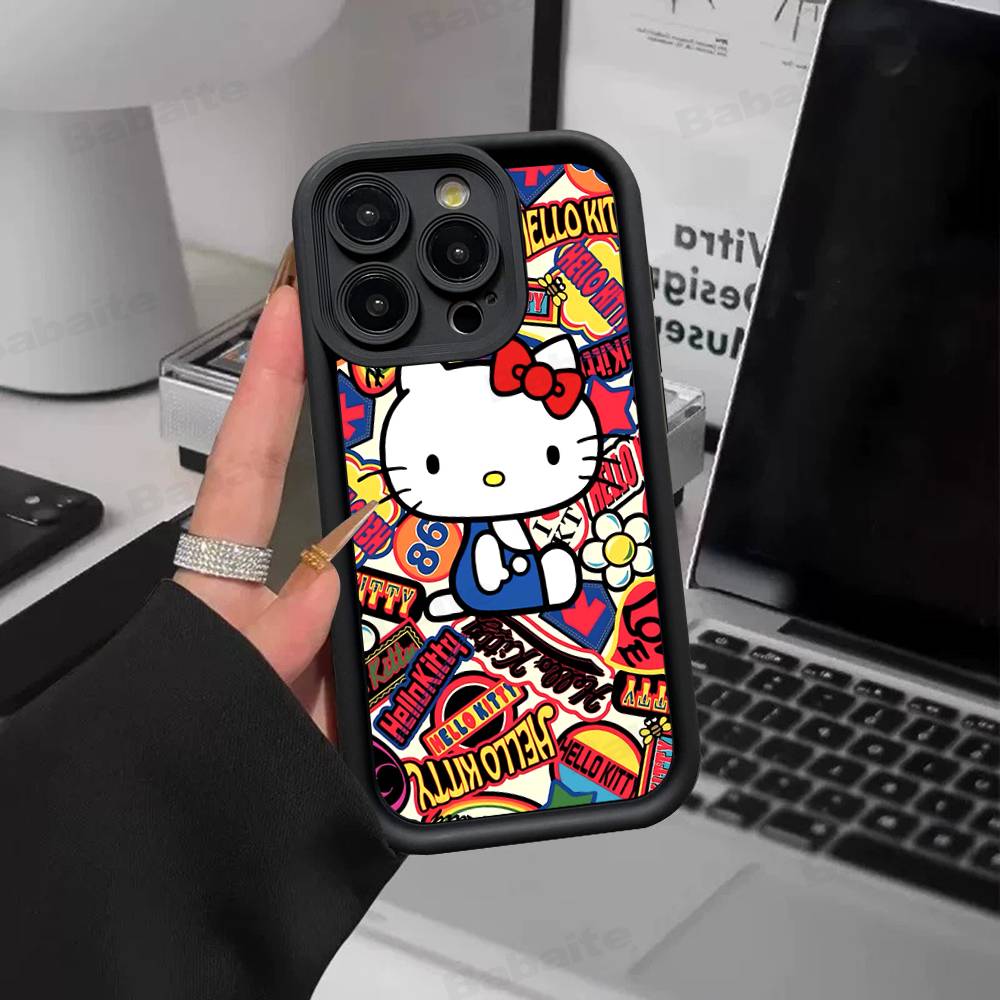 H-Hello Kitty Silicone Soft Phone Case For IPhone 17 16 15 14 Plus 13 12 Mini 11 Black Cover