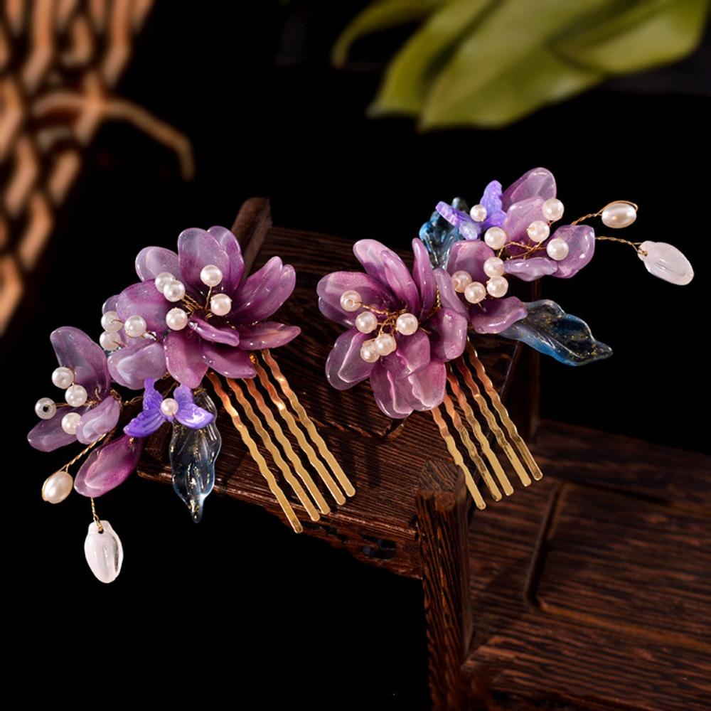 Tassel Floral Hair Stick Pearl Flower Hair Comb Elegant Tang Dynasty Hairpin Jewelry