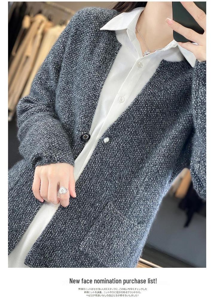 24 AW New Color Women's 100% Wool Mid-Length Knit Cardigan with Pockets
