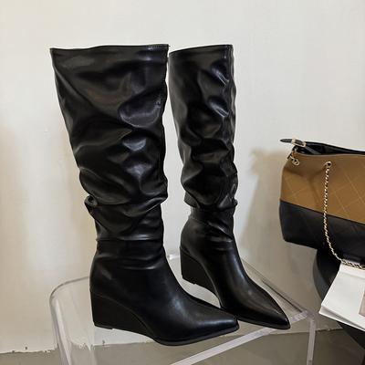 Винтажные женские плиссированные высокие сапоги с острым носком, лакированные туфли на танкетке и высоком каблуке для вечеринки, осень-зима, женские длинные ботильоны