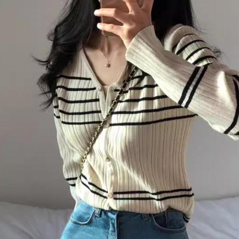 Autumn Trendy Retro Striped Knitted Sling Cardigan+Vest Slim Fit Short Long Sleeve Top Women Temperament Inner Wear Vest