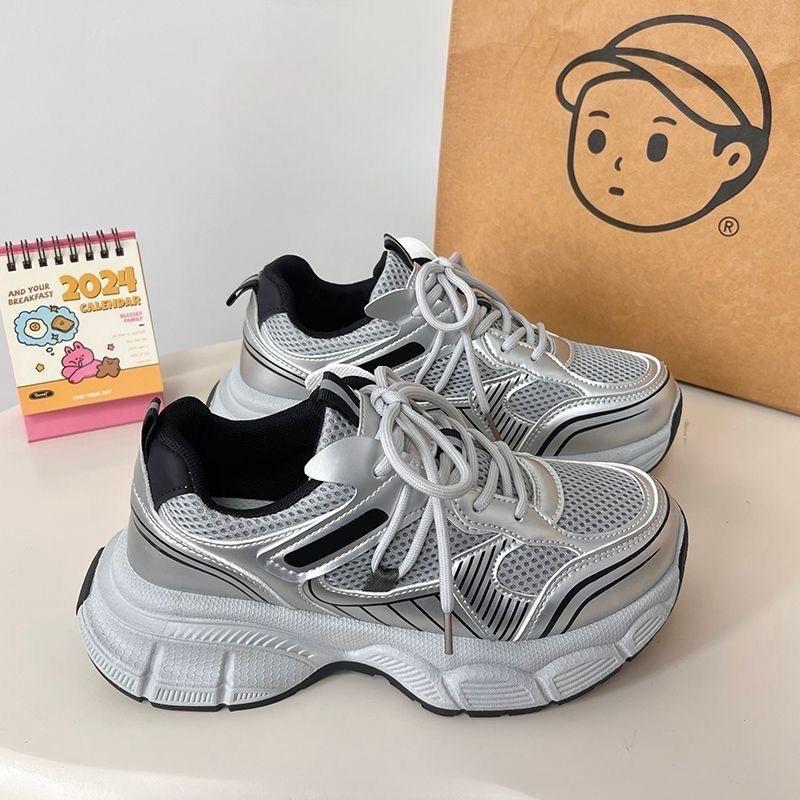 Fashion Spring Women's Chunky Platform Sneakers Silver Tennis Shoes Breathable Mesh Casual Shoes Thick Sole Women Shoes Ladies Dad Shoes