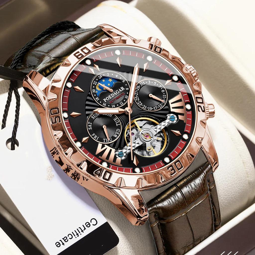 Famous Brand Luxury Tourbillon Mechanical Watch for Men Waterproof Luminous Date Week Leather Hollow Watches Men's