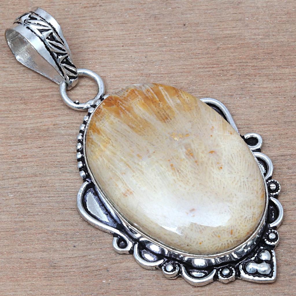 Pendant Fossil Coral Gemstone Valentine'Day Gift Silver Jewelry 2.25"