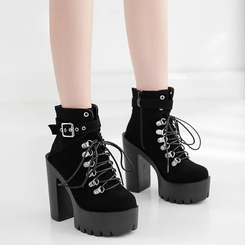 Women Boots Platform Buckle Boot Winter Footwear Thick Heel Autmn Boots With Zipper Ankle Strap Black Suede Gothic Lace Up