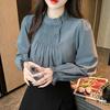 Standing Collar Pleated Long Sleeve Shirt, Women's New Premium Design Sense Inner Bottom Shirt Top