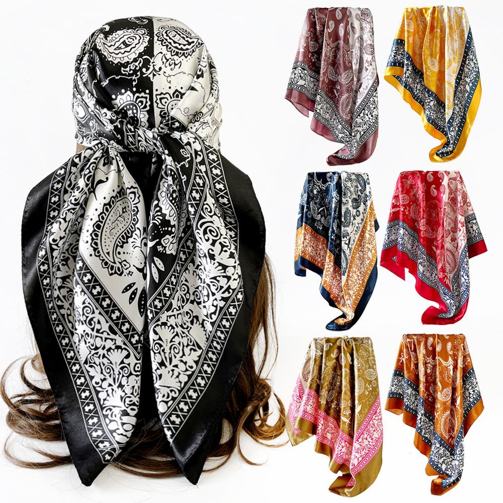 90*90CM Cashew Print Square Hijab Scarf Elegant Ladies Soft Satin Shawl Stylish Women's Decorative Beach Towel