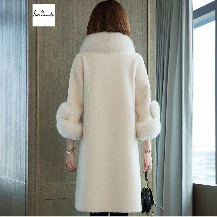 Женское длинное пальто из искусственного меха норки, теплое, элегантное, с воротником из искусственного меха лисы, из овечьей шерсти, осенне-зимняя меховая куртка, женское пальто