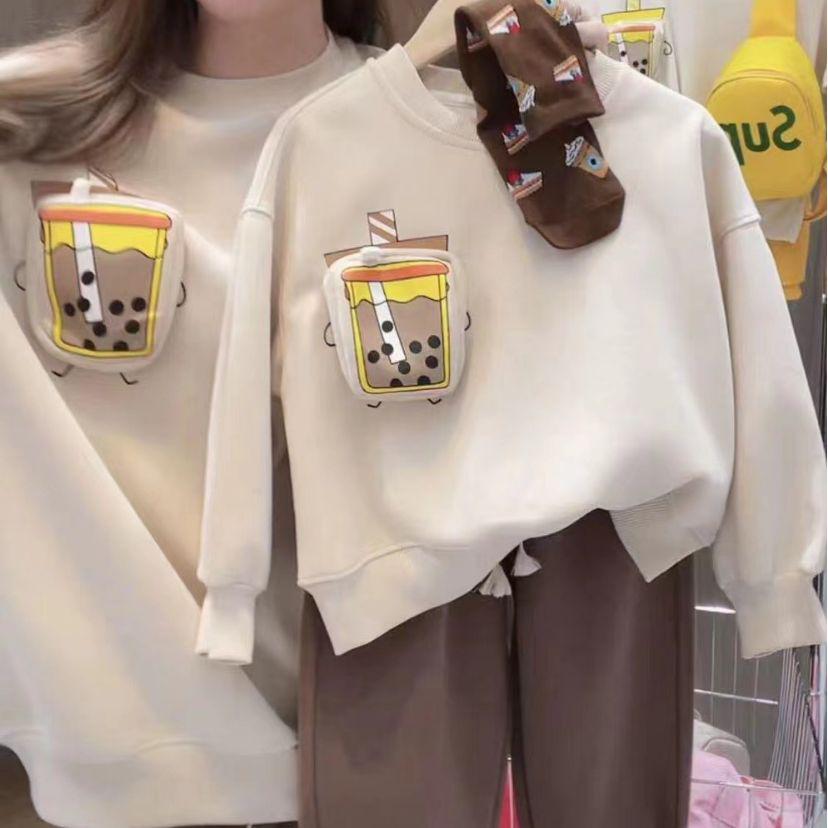 Комплект семейных свитшотов с 3D-принтом «Молочный чай» для осени/зимы: Парные наряды для родителей и детей для мамы-дочки и мамы-сына
