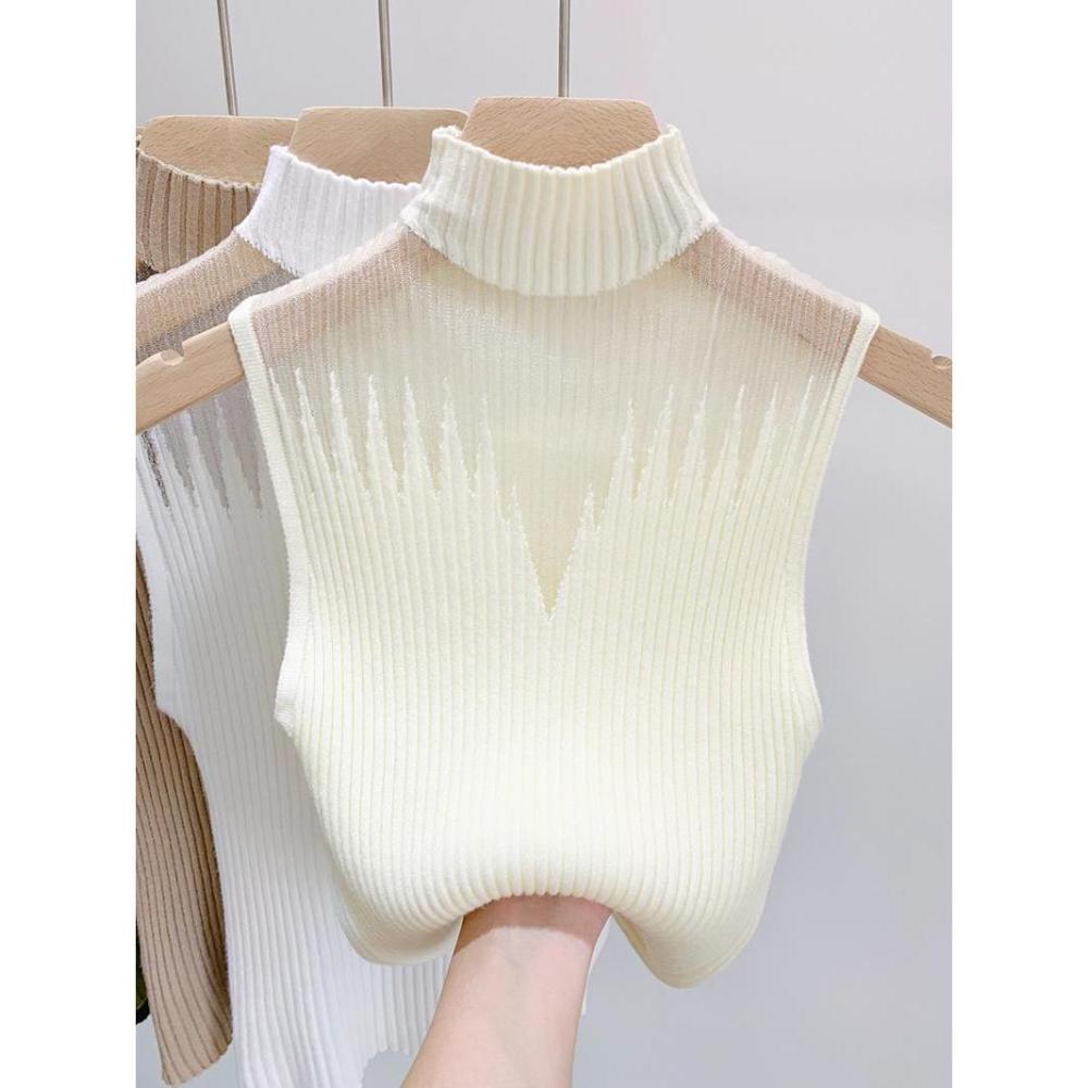 Summer Women Knitted Sleeveless T-shirt Mesh Hanging Neck Semi-high Neck Small Vest Female Undershirt Street Clothes