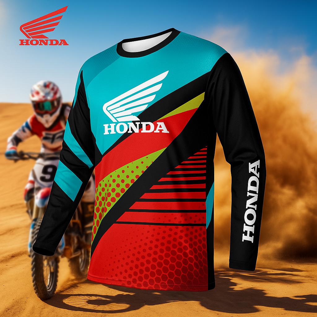 JBH4 Honda Printed Pattern Off-road Motorcycle Jersey Mountain Bike Racing Sport Long Sleeve T-Shirt Breathable Quick Drying Top