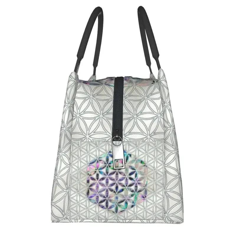 Цветок Жизни Раковина Абалона на Жемчужине Изолированная Сумка-тоут для ланча для женщин Геометрическая Мандала Портативный Охладитель Термальная Коробка для Бенто