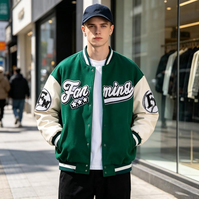 Vintage Style Oversized Cotton-Padded Baseball Jacket Men Women Winter Warm Loose Fit With Leather Patch Detail