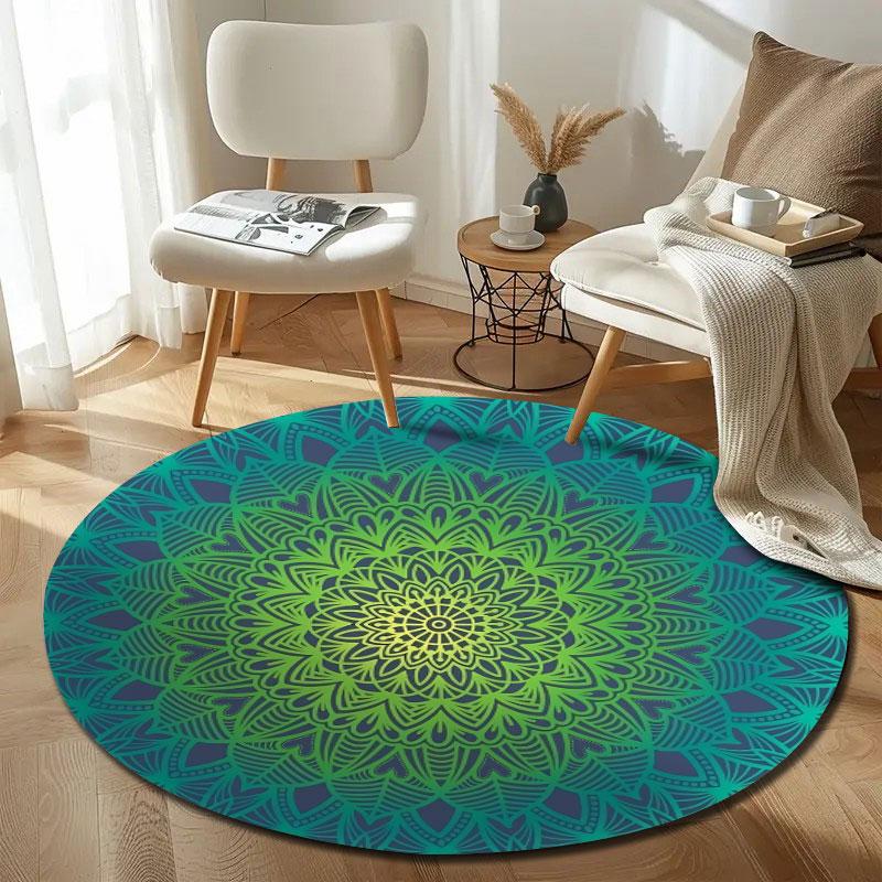 Playful Round Mandala Multicolor Floor Rug, Non-Slip Floor Mat for Nursery