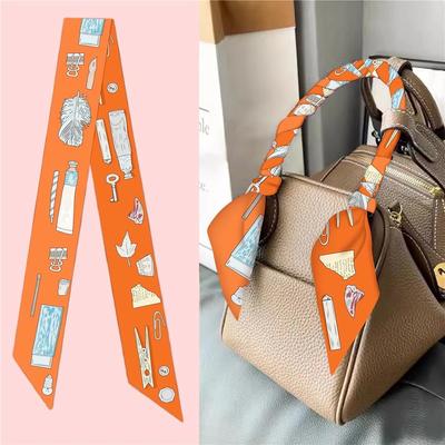 1PC New Korean Style Handle Women Twill Print Scarf Long Ribbon Hair Band Necklace Narrow Silk Scarf Bag Decoration Accessory