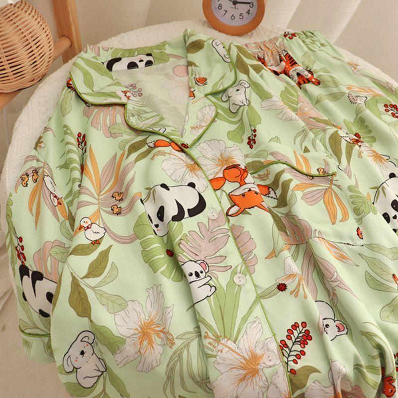 Шелковая пижама женская кардиган с длинными рукавами и длинными штанами пижамный комплект с принтом Kawaii Одежда Домашняя одежда