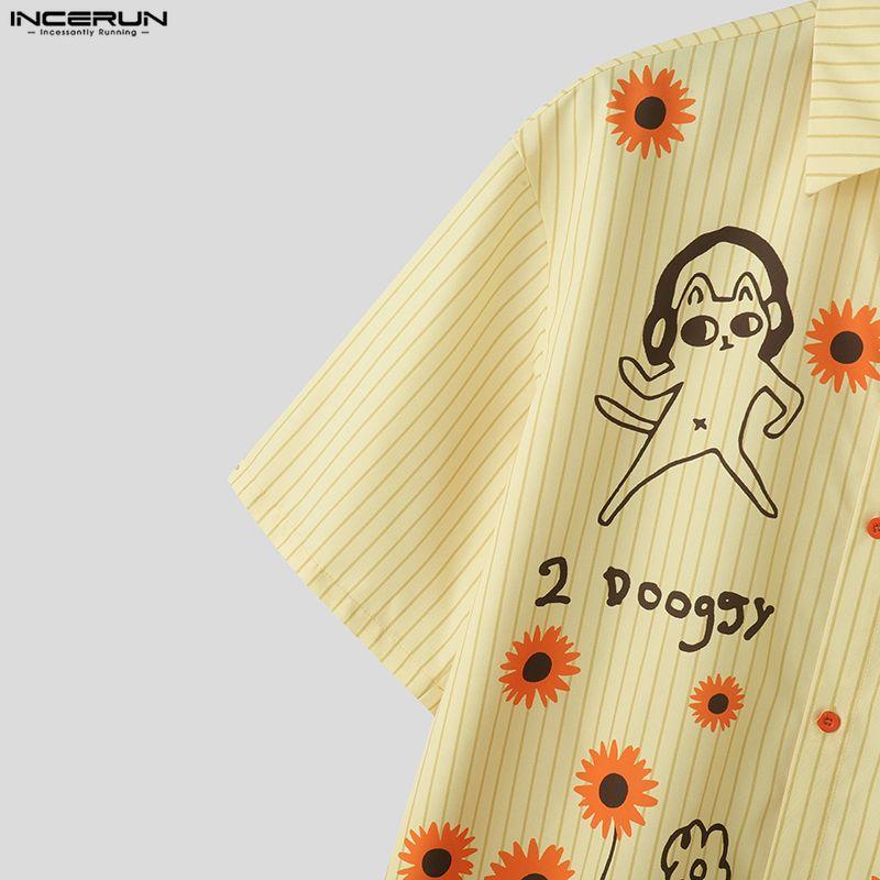 INCERUN Мужские свободные рубашки оверсайз с отложным воротником, коротким рукавом и мультяшным принтом, повседневные.