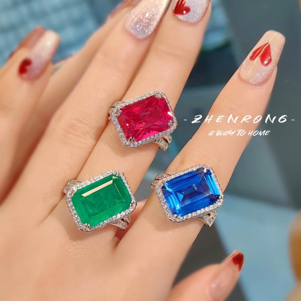 Luxury Open Ring Blue Spinel and Ruby Gemstone with Diamond Setting for Women Stylish Square Emerald Cut Jewelry