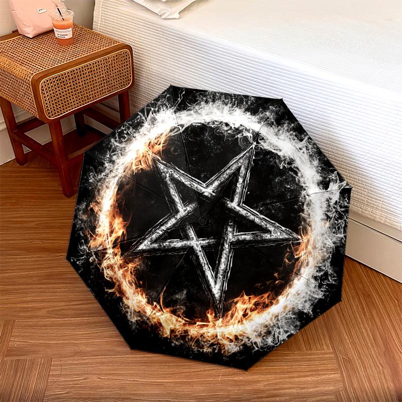 1 PC Automatic Folding Umbrella - Flaming Pentagram Pattern, Portable & Foldable Design with 8 Ribs, Christmas Birthday Gifts