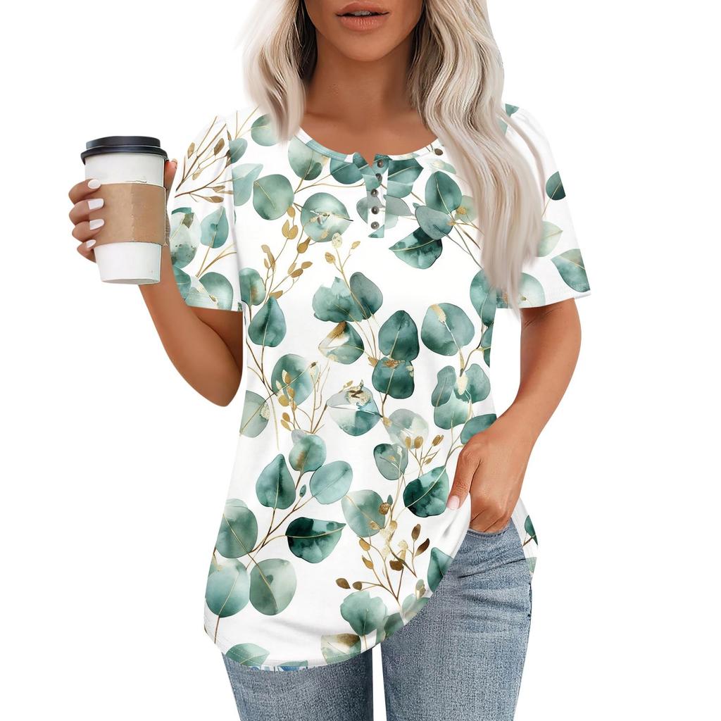 Женский модный повседневный короткий рукав пуловер с принтом на пуговицах и круглым вырезом