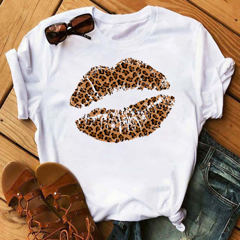 New Unisex Pink Lips Leopard Graphic T Shirt Casual Fahion Oneck Sexy Black Tees Kiss Lip Funny Girls Tshirtdrop Shipping