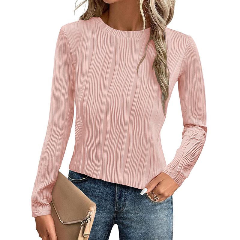 2024 Женская европейская и американская осенняя приталенная однотонная футболка с длинным рукавом и круглым вырезом