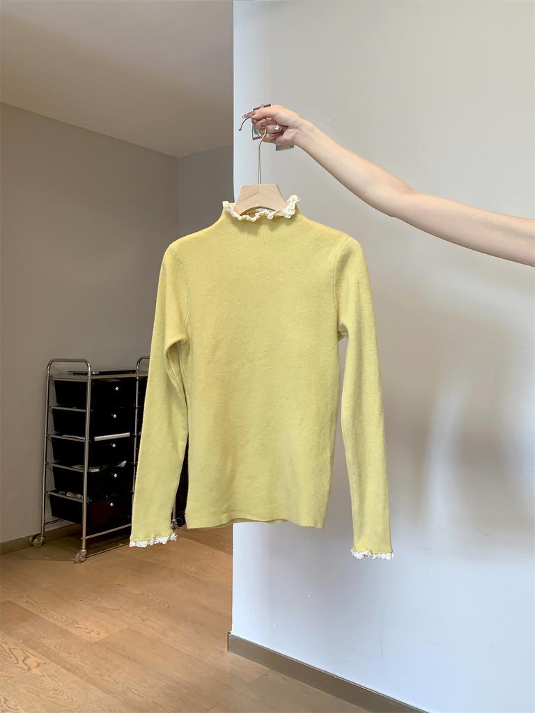 Девичий розовый трикотажный свитер с полувысоким воротом женский осенне-зимний кружевной внутри многослойный топ с длинными рукавами базовая рубашка