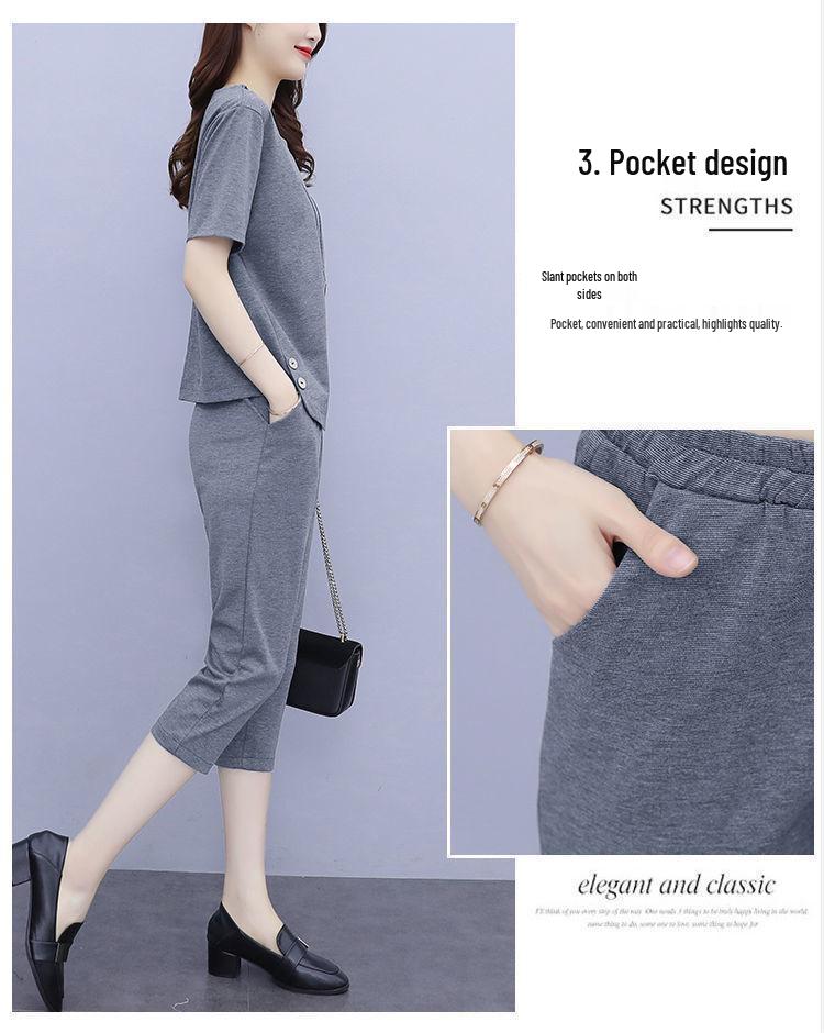 Модный женский летний костюм-двойка больших размеров: Футболка с коротким рукавом и укороченные брюки