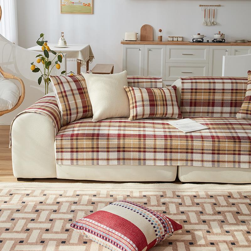 Cotton Linen Plaid Pattern Slipcovers for Living Room, Geometric Sofa Covers, Anti-Slip, Dustproof Couch Covers, Red and Beige