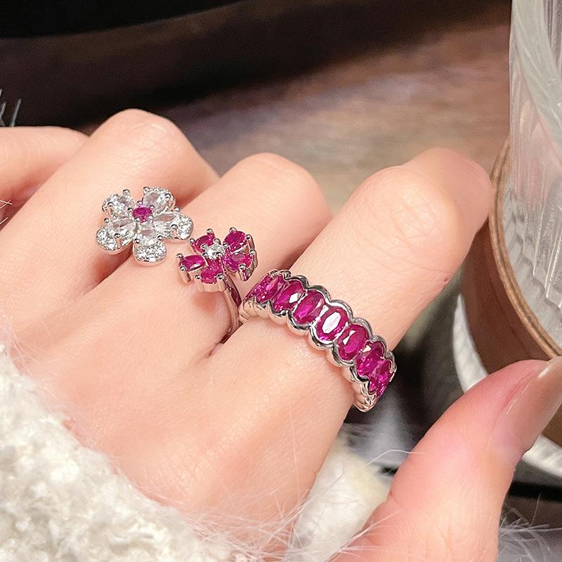 Niche Design Colored Treasure Cherry Blossom Pink Zircon Flower Opening Ring Sweet Princess Wind Stacked Ring