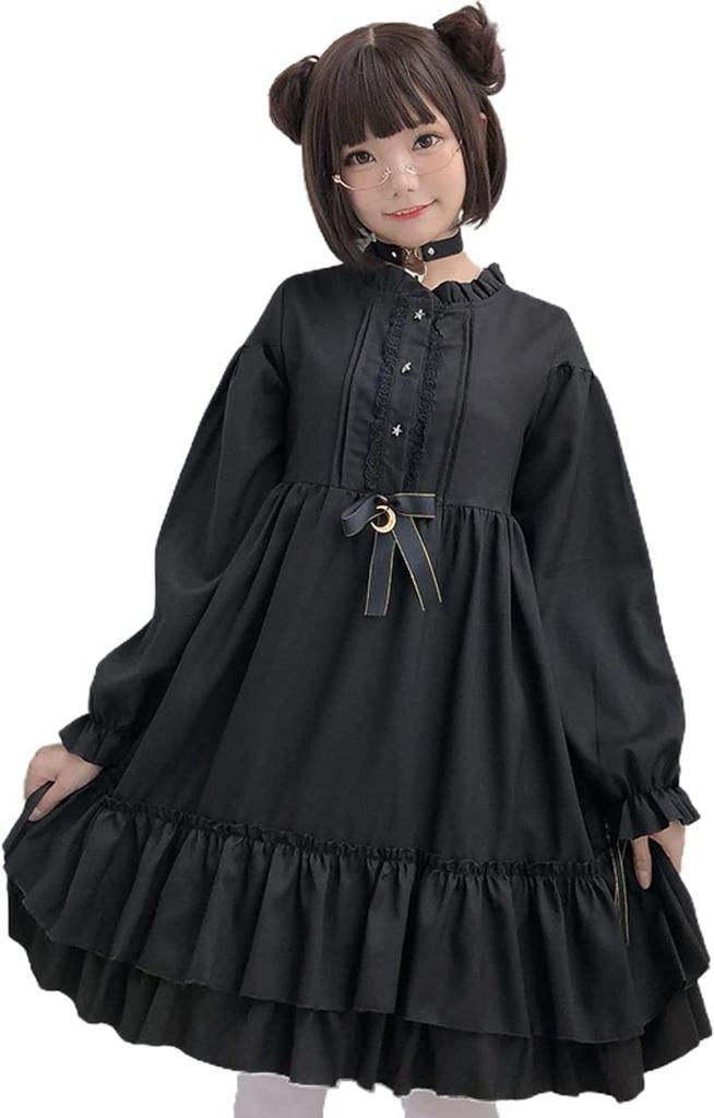 Milky Time Women's Black Lolita Gothic Lolita Dress with Crescent Moon Design, Long Sleeves, Medium Size, Cosplay Costume