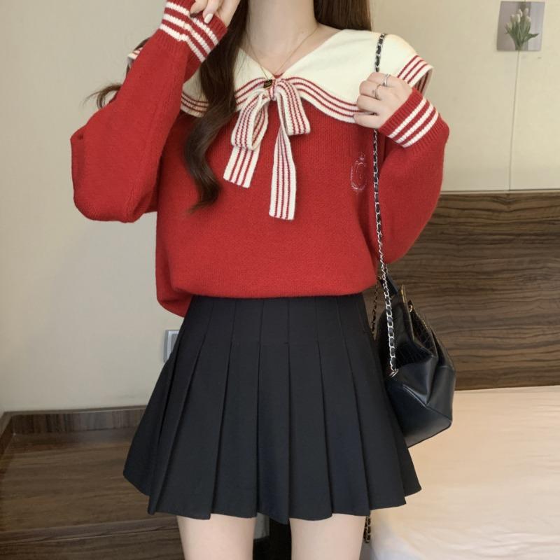 Осень и зима Матросский воротник Колледж Ветер Отдел Матросский воротник Маленький свежий дизайн Свободный Вязаный свитер с вышивкой медведя Волосы