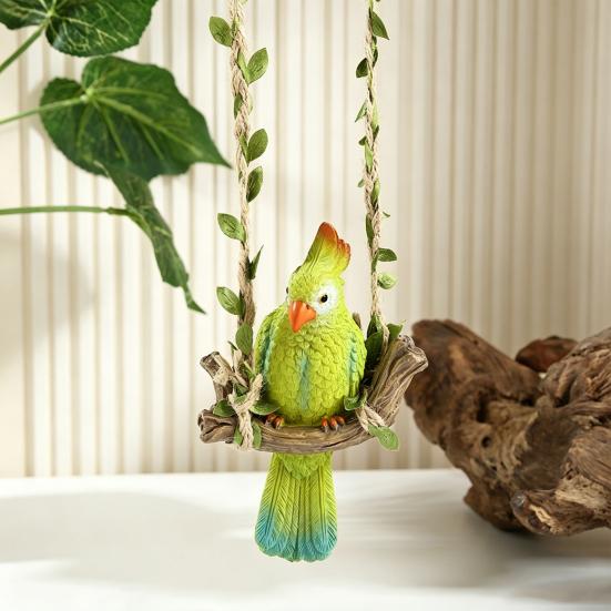 Parrot with Swing Waterproof Ornaments Decoration Hemp Resin Hanging Rope Simulated Green