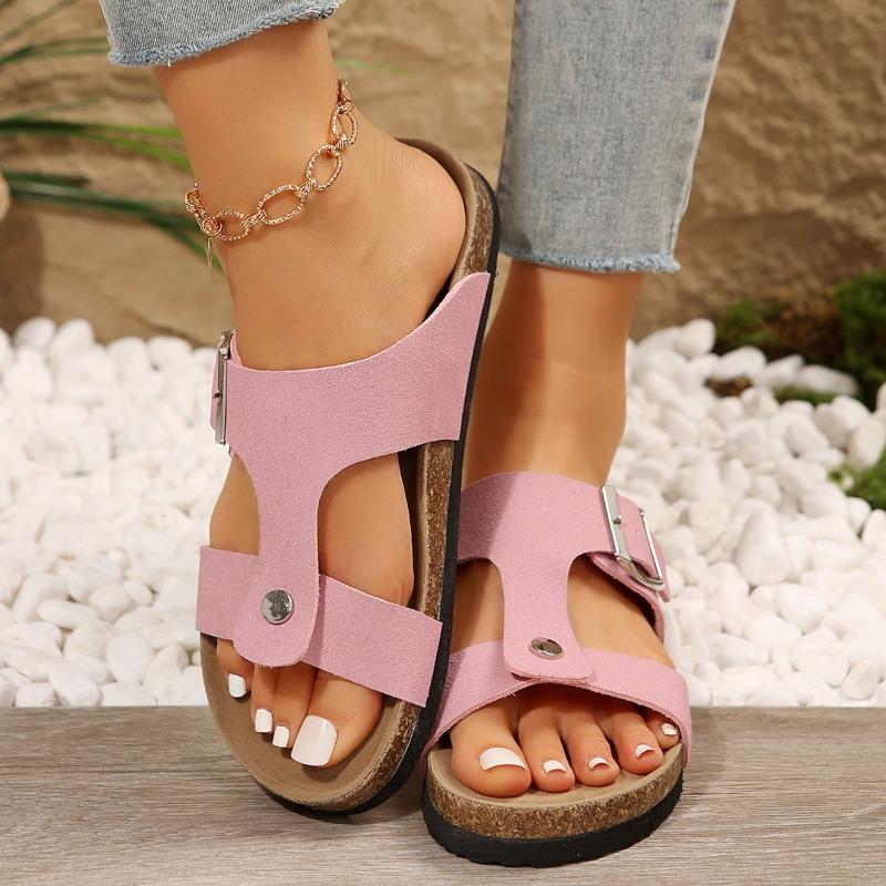 2024 Summer Hot Selling High Quality Women's Shoes Fashionable Open Toe Solid Color Low Heel Buckle Roman Women's Flat Slippers