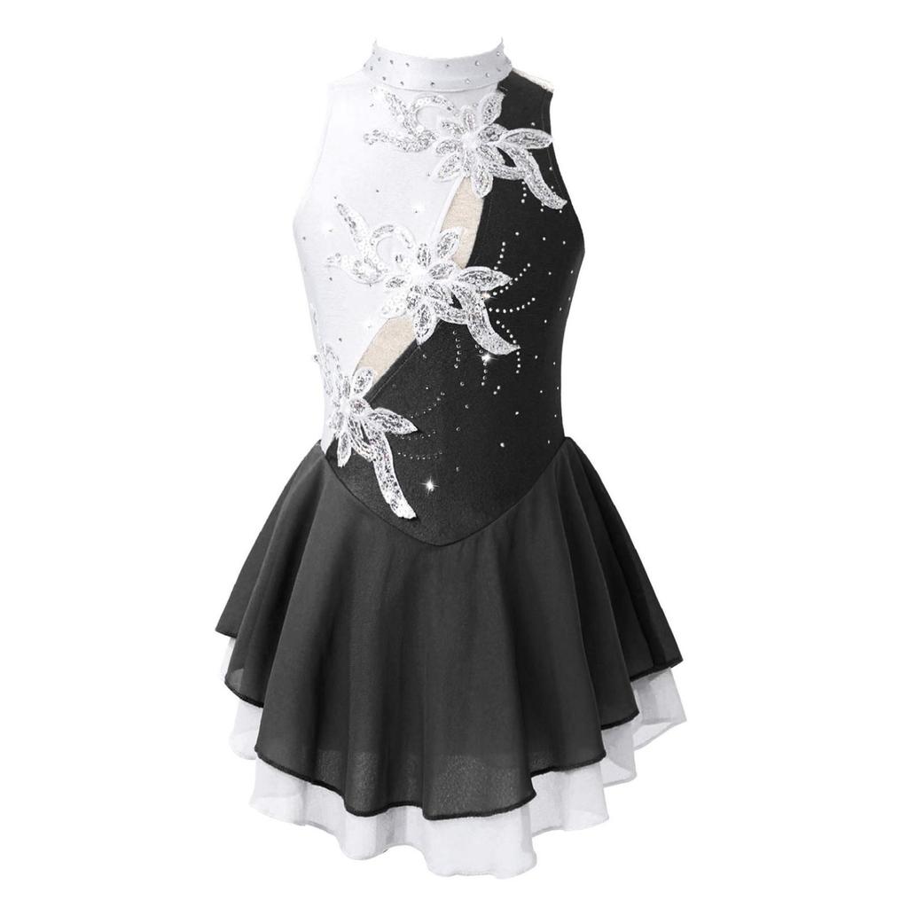 Sequin Floral Figure Ice Skating Dress Child Girls Gymnastics Leotard Ballroom Ballet Dance Costume Lyrical Performance Clothing