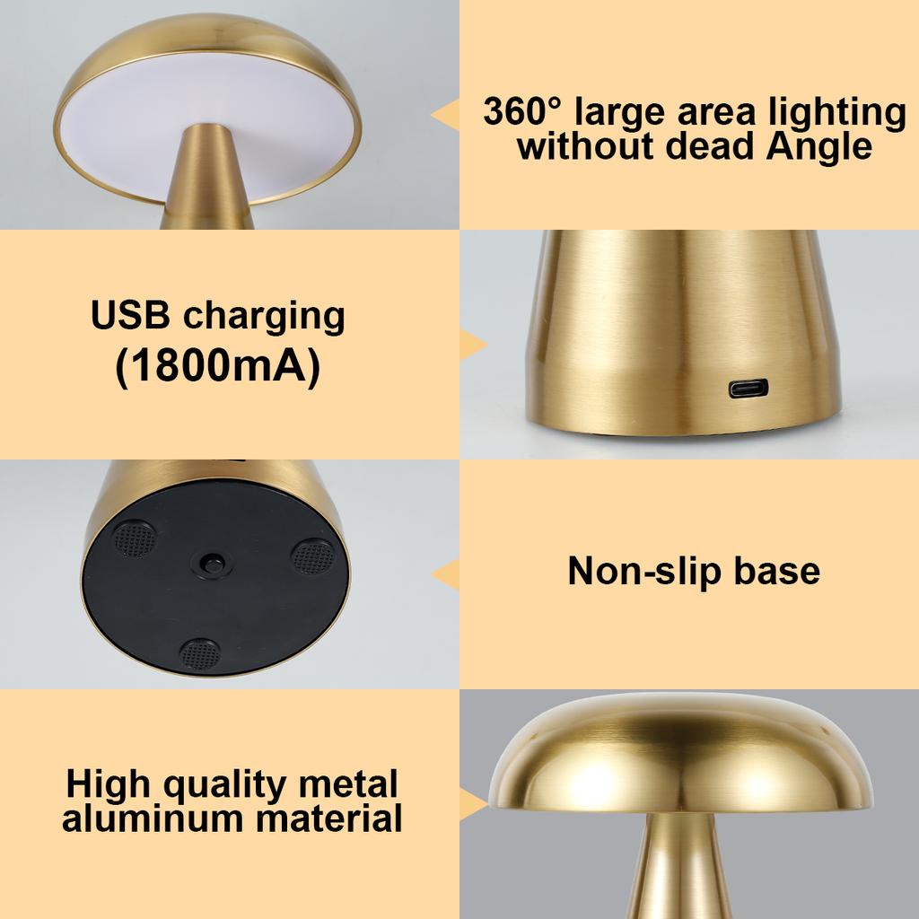 Настольная лампа-гриб, портативная, беспроводная, светодиодная, настольный светильник, сенсорное управление, ночник с 3 режимами регулировки яркости и цвета, для спальни, гостиной