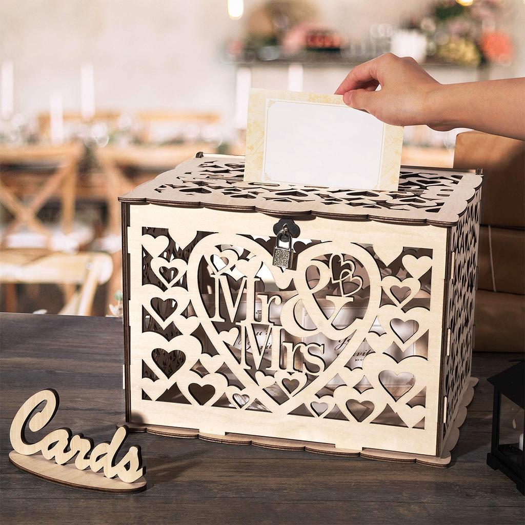 Wedding Card Boxes Wooden Box Wedding Decor Couple Mr&Mrs Pattern Grid Business Card Boxes DIY Wedding Birthday Party Supplies