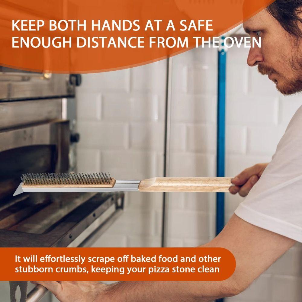 Wood Handle Grill Cleaning Brush with Scraper Pizza Stone Cleaner Brush for Oven